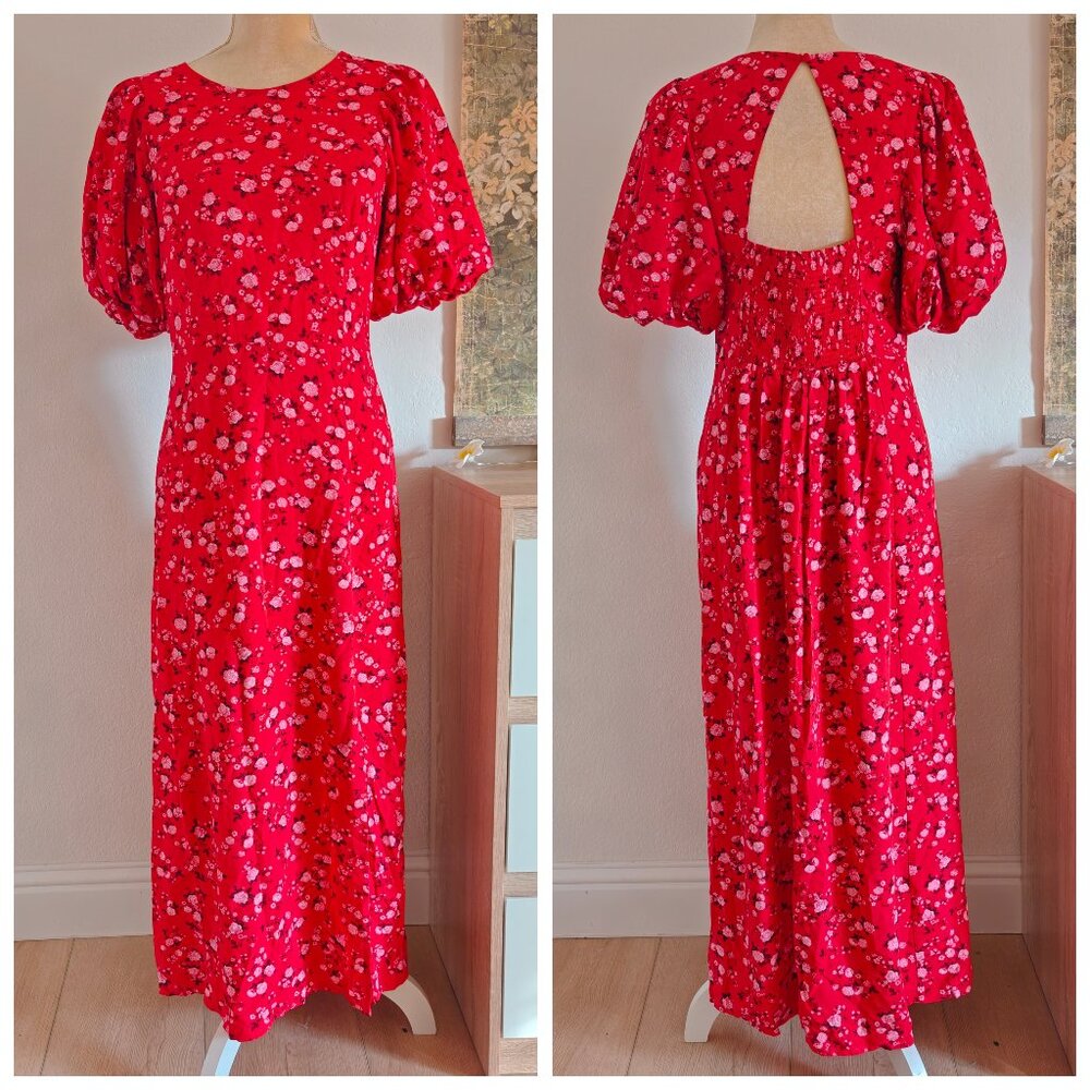 Old Navy Romantic Roses Puff Sleeve Red Smocked Maxi Dress M